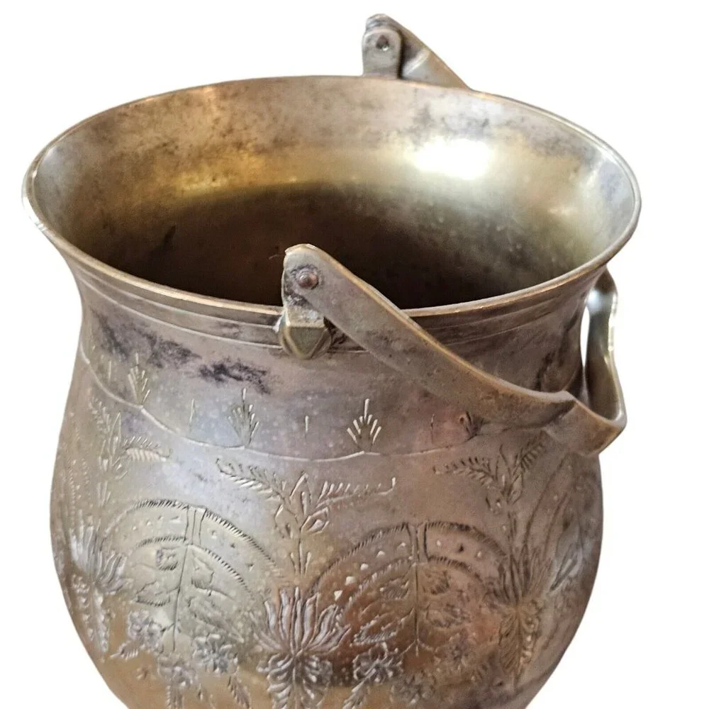 Vintage Etched Silver Plated Deco Bowl Vase With Handle Floral Design Art Nouvea